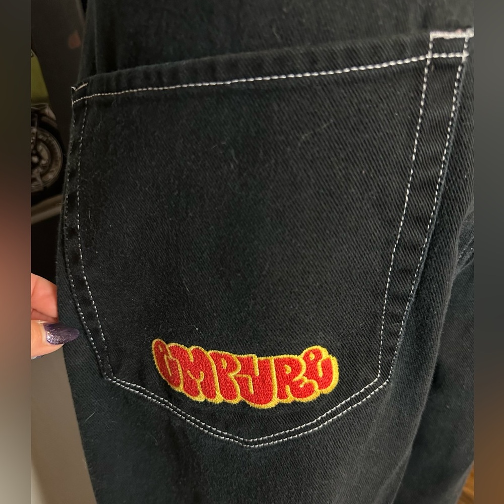 Y2K Baggy White Stitched EMPYRE Black Jeans Waist :8 - Picture 3 of 10